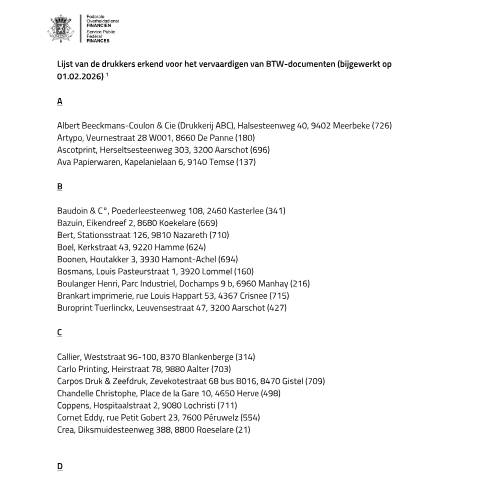 Aperçu du document Nota's en ontvangstbewijzen voor hotelhouders, restauranthouders en ondernemingen die autovoertuigen wassen (PDF, 81.68 KB) — Erkende drukkers, Belgique (CERFA n°152-erkende-drukkers-btw-20260201)